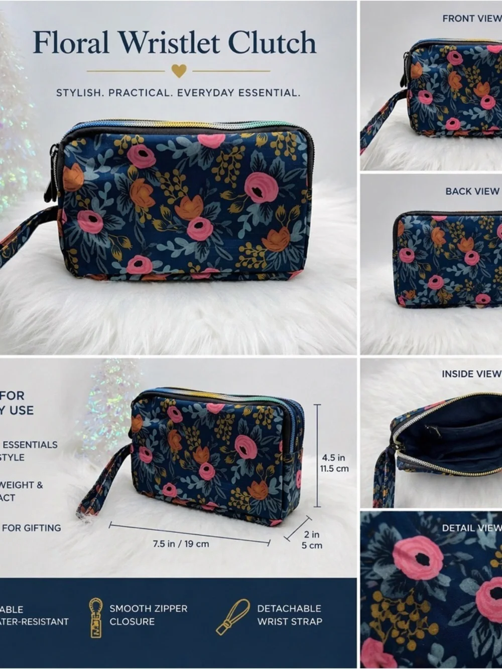 Floral Print Small Purse or Makeup Cosmetic Wristlet Blue 2
